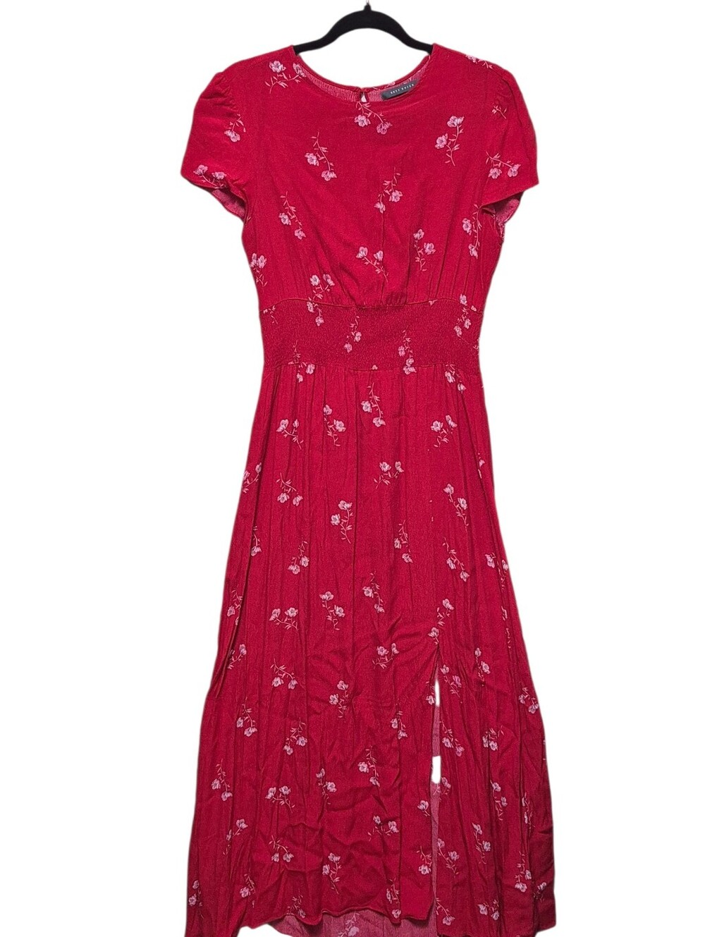 Suzy Shier Cherry Red Floral Maxi Dress with Smocked Waist